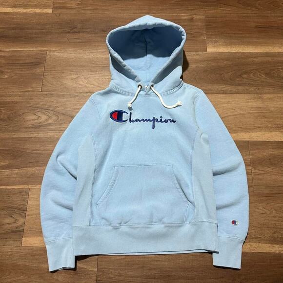 Vintage Champion Reverse Weave Hoodie Light Blue Embroidered Logo – Size Medium - Picture 1 of 5